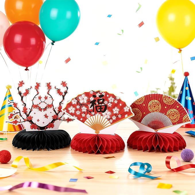 Pickmesh 12 Pieces Hibachi Birthday Party Decorations Honeycomb Centerpieces Japanese Paper Fans Table Decorations Cherry Blossom Table Topper for Japanese Party Supplies
