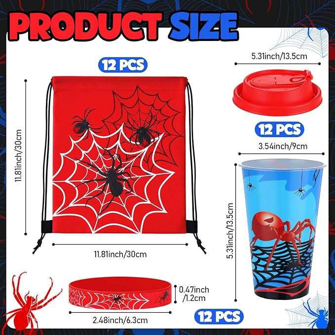 48 Pcs Spider Party Favors Spiderweb Birthday Party Supplies Hero Decorations for Guests Including Drawstring Gift Bags Cups and Wristbands for Christmas Birthday Gift Favors