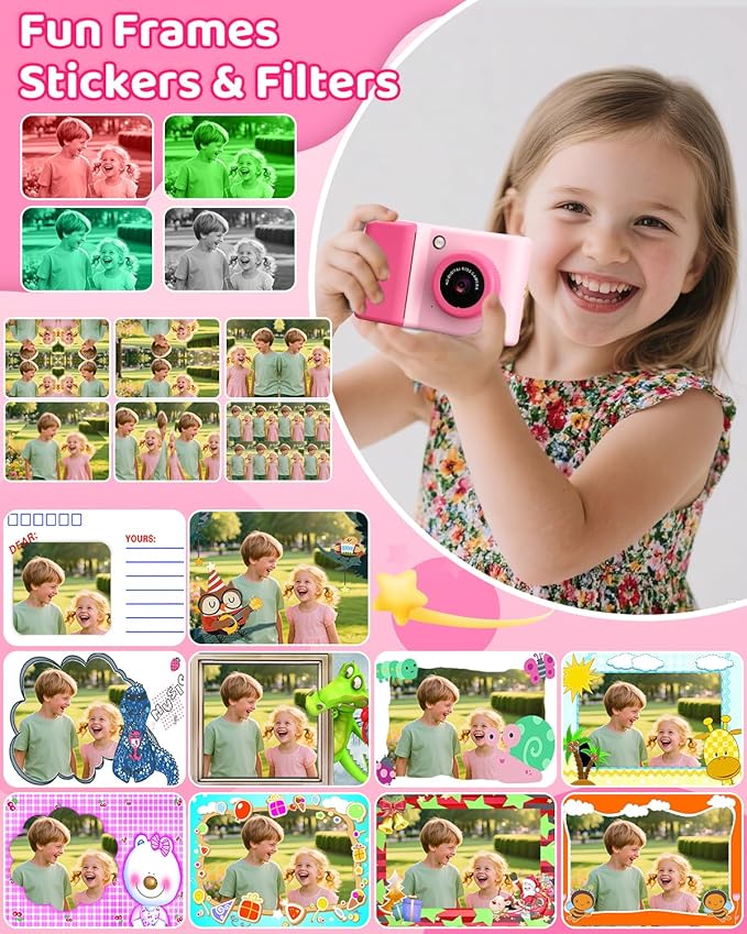 Kids Camera Instant Print, 20MP 1080P Video Instant Print Camera for Kids with 32GB SD Card, 240 Photos Printing, Face Recognition, ABS Durable, Christmas Birthday Gifts for Ages 3-12 (Pink)