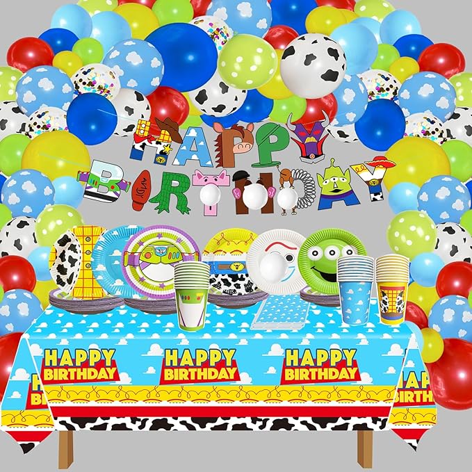 Cartoon Story Birthday Party Supplies 2nd Bday 134pcs Two Infinity and Beyond Birthday Decorations include Plates Napkins Cups Tablecloth Banner for Boys 1st 2nd 3rd 4th 10th Bday Serve 30 Guest