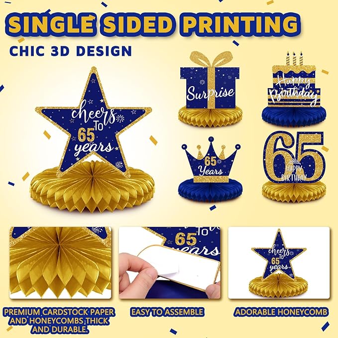 Spakon 8 Pieces Blue Gold 65th Birthday Table Decoration 65th Birthday Honeycomb Centerpieces Glitter Table Toppers Blue Gold Party Decoration for Men and Women Party Supplies