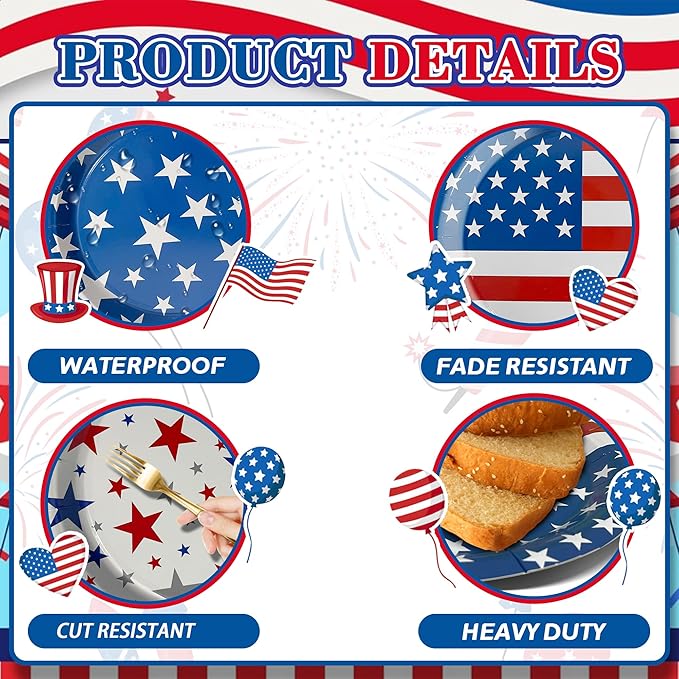 48Pcs 4th of July Plates, 4th of July Decorations American Flag Patriotic Party Supplies Disposable Paper Plates for Memorial Day Veterans Day Independence Day Party Decorations