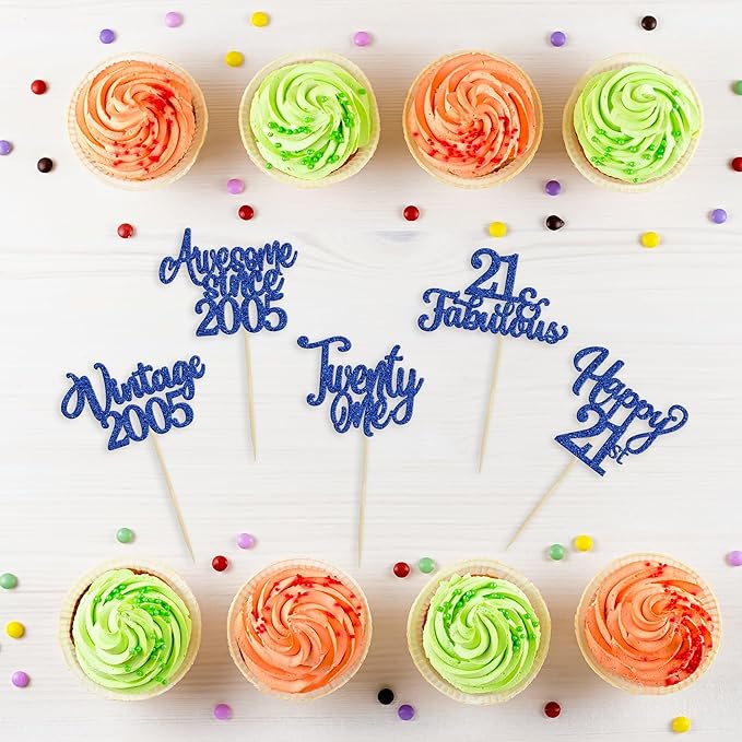 Ephlyn 30Pcs Happy 21st Birthday Cupcake Toppers Glitter Twenty-one 21 Fabulous Vintage 2005 Cupcake Picks for 21st Birthday Anniversary Retirement Party Cake Decorations Supplies Dark Blue