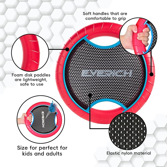 EVERICH TOY Trampoline Paddle Ball Set with 2 Bouncy Paddles & 4 Balls - Soft Foam Design for Kids Play Indoor Outdoor Beach Backyard Lawn - Great Gift Idea for Boys & Girls (Blue & Red)