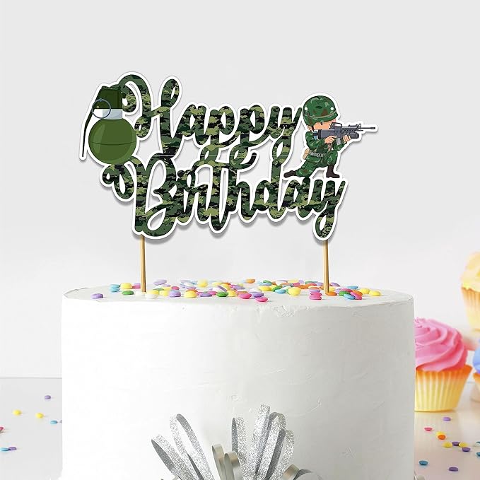 Cool Army Trops Happy Birthday Cake Topper – Military Inspired Cake Decoration with Bravery, Strength & Team Spirit Theme, Tactical Style Birthday Cake Topper for Bold Party Celebration Décor