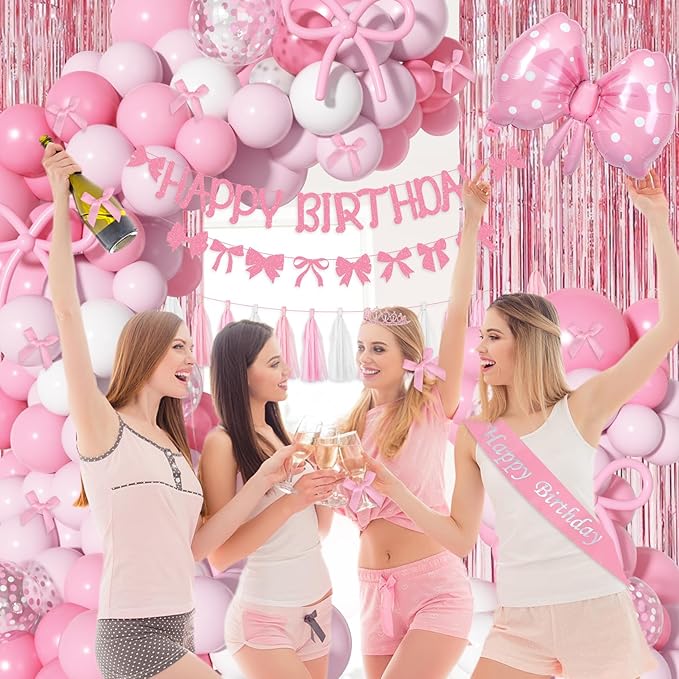 Ouddy Life Pink Bow Birthday Decorations, Coquette Themed Party Supplies with Light Pearl Pink White Confetti Long Balloons Happy Birthday Banner Paper Tassel Cake Toppers for Women Girls Baby Shower