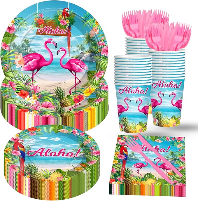 Flamingo Party Supplies 144 PCS, Tropical Hawaiian Luau Decorations Set, Aloha Paper Plates Cups Napkins Tableware for Birthday, Baby Shower, Garden & Beach Parties