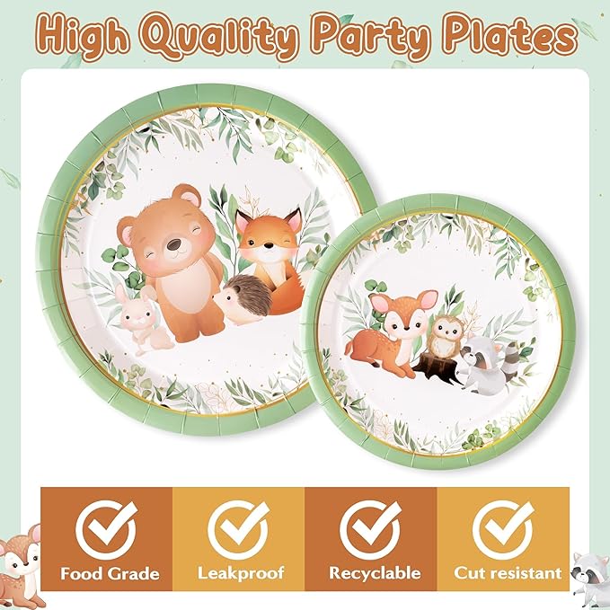 96Pcs Woodland Animal Baby Shower Greenery Wild Creatures Forest Party Plates Supplies Tableware Decoration Disposable Paper Plate Napkin Fork for Birthday, Serves 24
