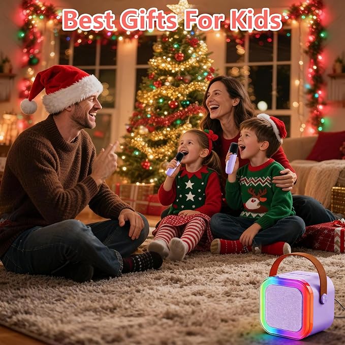 Mini Karaoke Machine for Kids: Portable Singing Machine with 2 Wireless Microphones - Christmas Birthday Gifts for 4 5 6 7 8 Year Old Girls