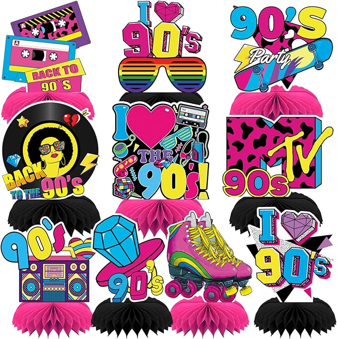 10 Pcs 90s Party Decorations, 90s Retro Honeycomb Centerpieces Back to 90s Party Table Centerpieces 1990s Vintage Birthday Party Favors Supplies 90s Themed Party Decorations