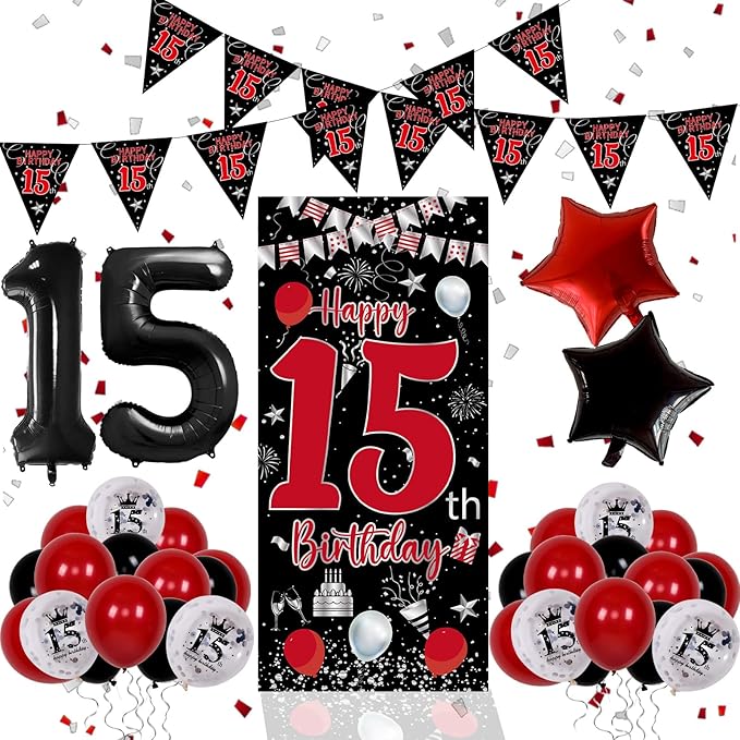 Red Black 15th Birthday Decorations for Boys Girls, Happy 15th Birthday Decorations Boy, 15 Birthday Party Door Banner Decor, Triangle Flag, Large 15 Balloons Bday Decor for 15 Year Old Teenagers