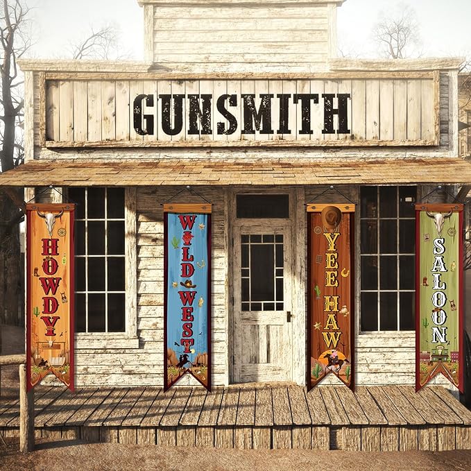 4 Western Party Decorations Cowboy Banners Wild West Hanging Decor Howdy Yes Haw Porch Sign Backdrops for Indoor Outdoor Cowboy Birthday Photo Props Wedding Party Supplies (Wild)