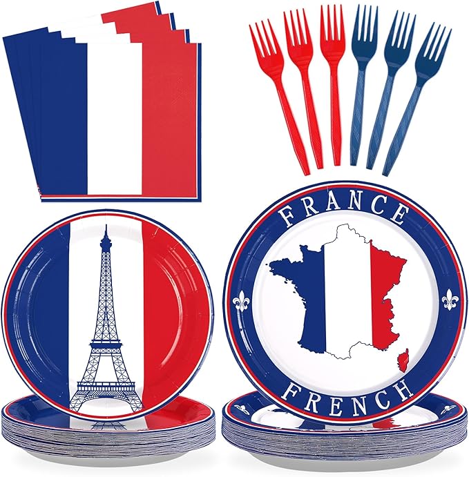 96Pcs France French Flag Party Supplies French Flag Party Plates and Napkins Disposable France Flag Tableware Set for French Party Decor Paris Theme Party Decorations Birthday Family Gathering Serve24