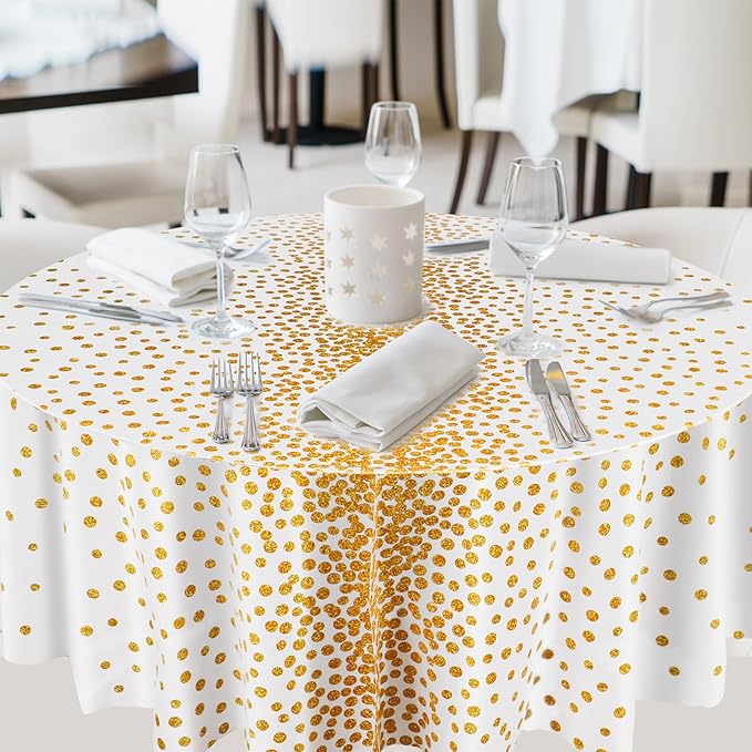 VitalCozy Round Dot Tablecloth 84 Inch Plastic Table Cover Polka Dot Confetti Tablecloths for Easter 2026 Graduation Prom Wedding Birthday Spring Party Supplies(White and Gold,3 Pcs)