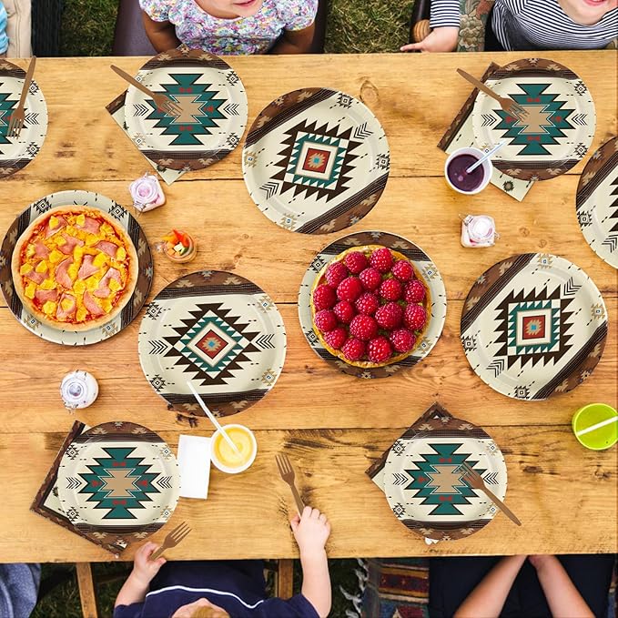 96Pcs Western Aztec Decorations Mexican Geometric Brown Plates and Napkins Native American Decorations Favors for Mexican Theme Vintage Birthday Baby Shower Dinner Party Supplies Serves 24