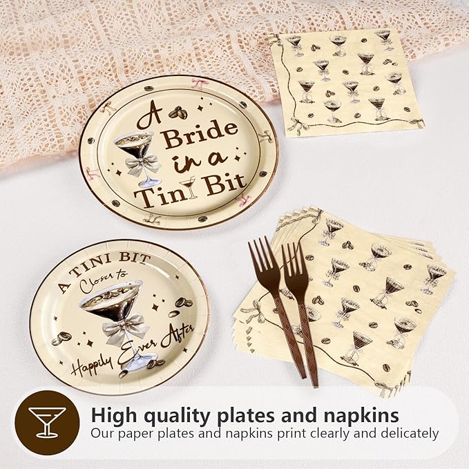96Pcs Tiny Bit Bridal Shower Party Decorations A Bride In A Tiny Bit Paper Plates and Napkins Espresso Martini Bachelorette Tableware Set for Bridal Shower Bride To Be Party Wedding Supplies Serves 24