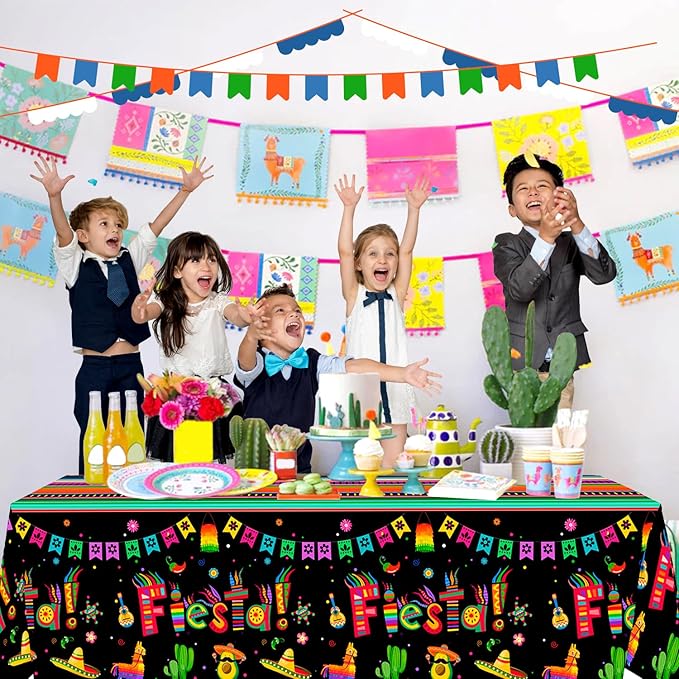 Mexican Fiesta Party Tablecloth Set, 3pcs, 107.8''x54'', Multicolored, Striped with Letters, Cinco de Mayo, Mexican Themed Birthday Party Decorations