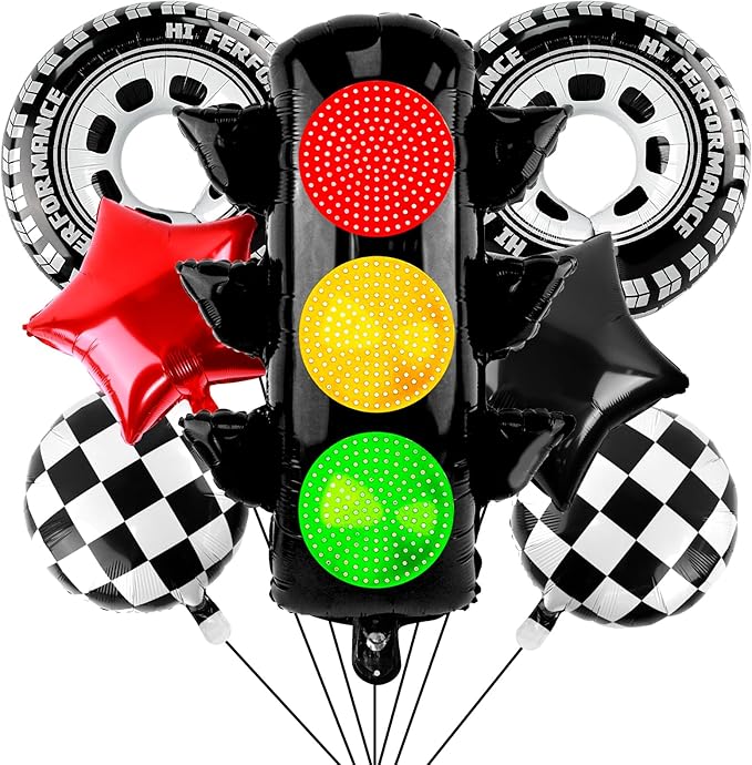Race Car Party Balloon Set 7pcs Traffic Light, Checkered Balloons, Tire Wheel Balloons Tyre Racing Balloon Race Car Birthday Party Decorations