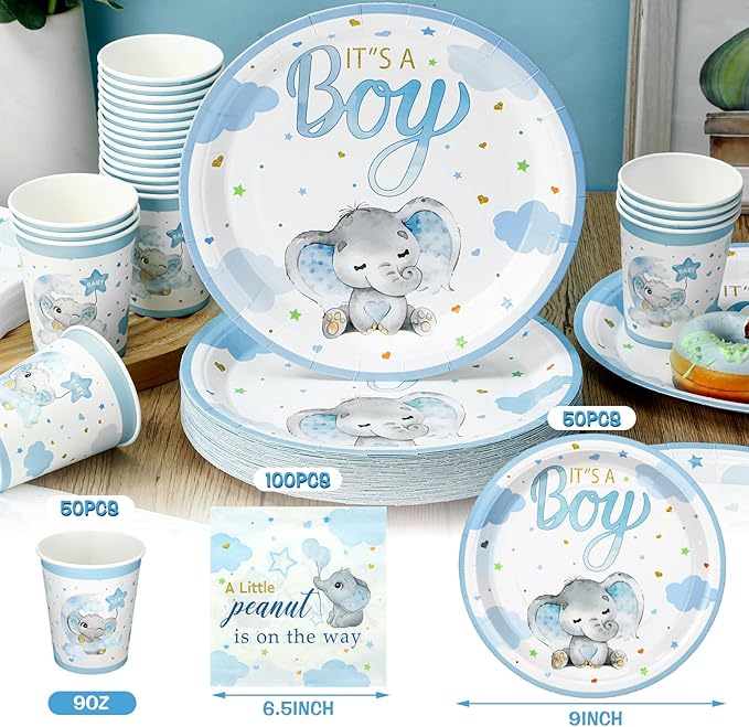 200 Pcs Blue Elephant Baby Shower Paper Plates Napkins Cups Its a Boy Baby Shower Party Supplies Tableware Set Elephant Disposable Cup Napkin for 50 Guest Girls Spring Party Decoration
