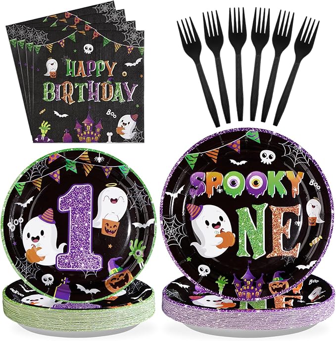 96Pcs Halloween 1st Birthday Party Supplies Spooky One Party Plates and Napkins Halloween Cartoon Ghost Black Purple Tableware Set for Boys or Girls First Birthday Decorations, Serves 24
