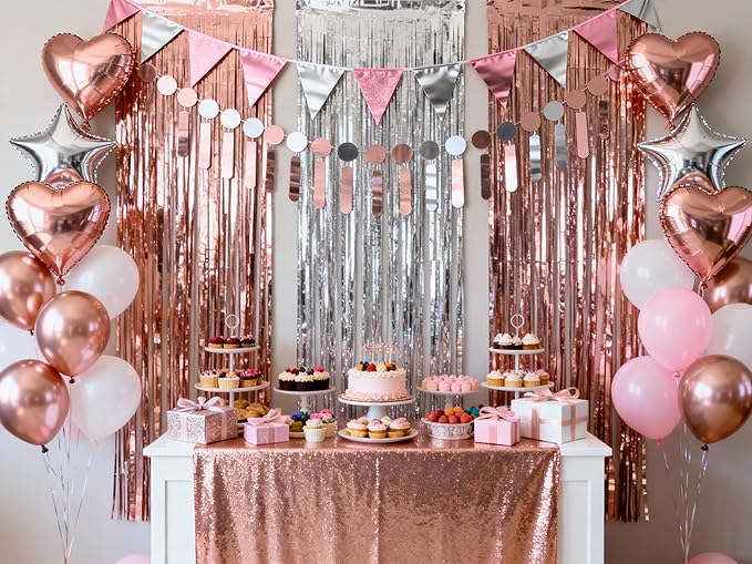 3 Pack Rose Gold and Silver Foil Fringe Curtains, Birthday Decorations Metallic Streamers, Party Photo Booth Backdrop for Holiday Wedding Engagement Bridal Shower Party Rose Gold White Tinsel