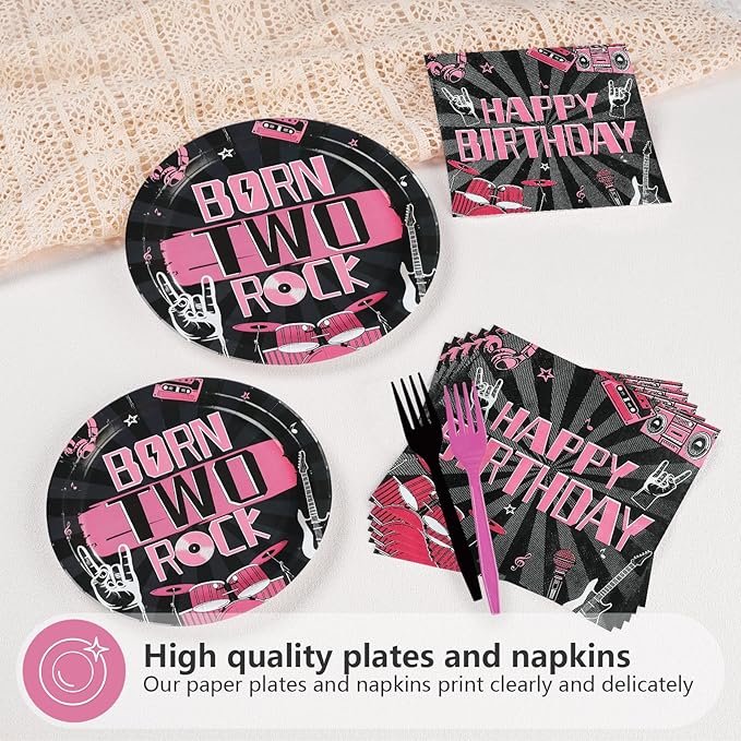 96Pcs Bad Two The Bone Birthday Decorations Rock and Roll 2nd Birthday Plates and Napkins Black Pink 2nd Tableware for 2 Years Old Rock Band Music Birthday Retro Bday Party Supplies Serves 24