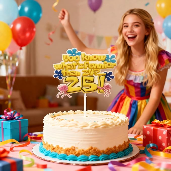 "What's Funnier Than 24? 25!" Cake Topper for 25th Birthday, Cartoon Character Themed Cake Decorations, Novelty 25th Bday Party Supplies for Men Women, Under The Sea Theme