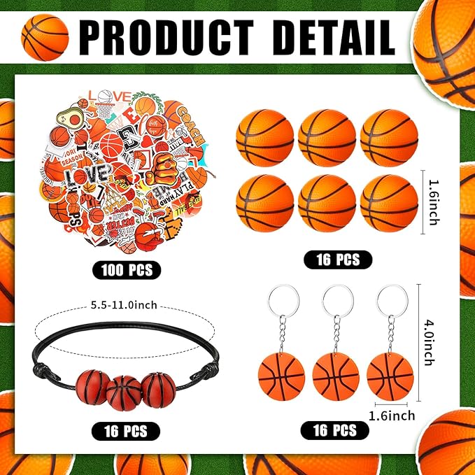 LemonRoad 164 Pcs Sports Party Favors Set 16 Plastic Cups 16 Charm Bracelets 16 Keychains 16 Mini Foam Stress Balls 100 Stickers for Sports Party Supplies (Basketball)
