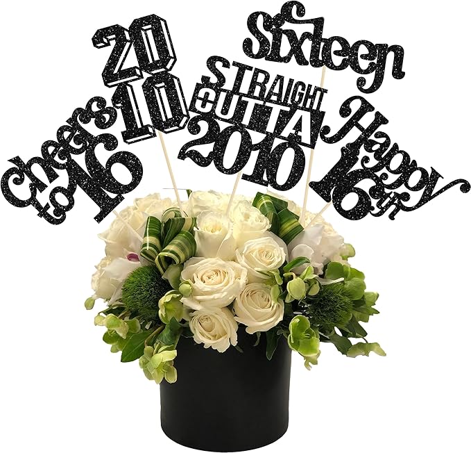 Gyufise 15Pcs Happy 16th Birthday Centerpiece Sticks Sixteen Straight Outta 2010 Table Flower Centerpieces Sticks for Cheers to 16th Birthday Party Supplies Black
