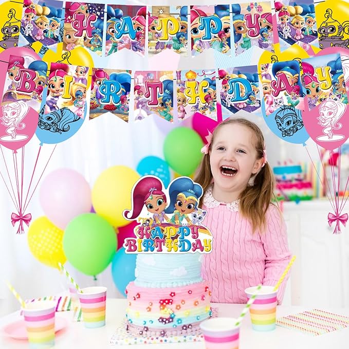 ELZEM Shimmer and Shine Party Decorations,Girl Birthday Party Supplies Includes Banner- Cake Topper - 12 Cupcake Toppers - 18 Balloons, Blue