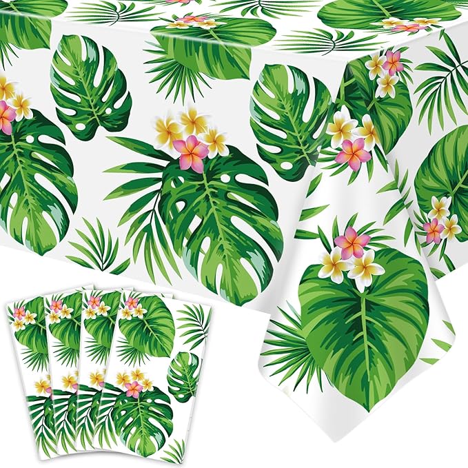 4 Pack Hawaiian Luau Tablecloths Tropical Palm Leaves Table Cloth Hawaiian Luau Table Cover Palm Leaves Table Cloth Baby Birthday Birthday Party Summer Pool Tropical Party Decorations 86 x 51 IN