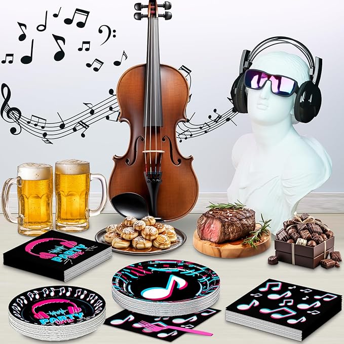 DYLIVeS 96 Pcs Music Party Supplies, Music Theme Birthday Party Decorations Disposable Tableware Packs Music Note Party Supplies for Girls - 9'' and 7'' Plates and Napkins, Forks (Serves 24)