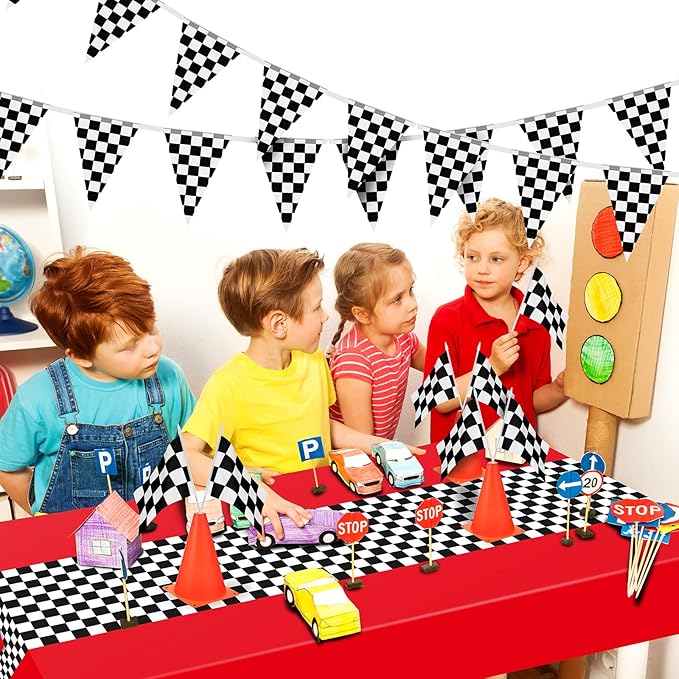 Irenare Car Birthday Party Supplies Racing Decorations 50s Party Tablecloth Racetrack Table Runner Table Covers for Kids Boy Car Theme Birthday Decor, 54 x 108 Inch(Red,8 Sheets)