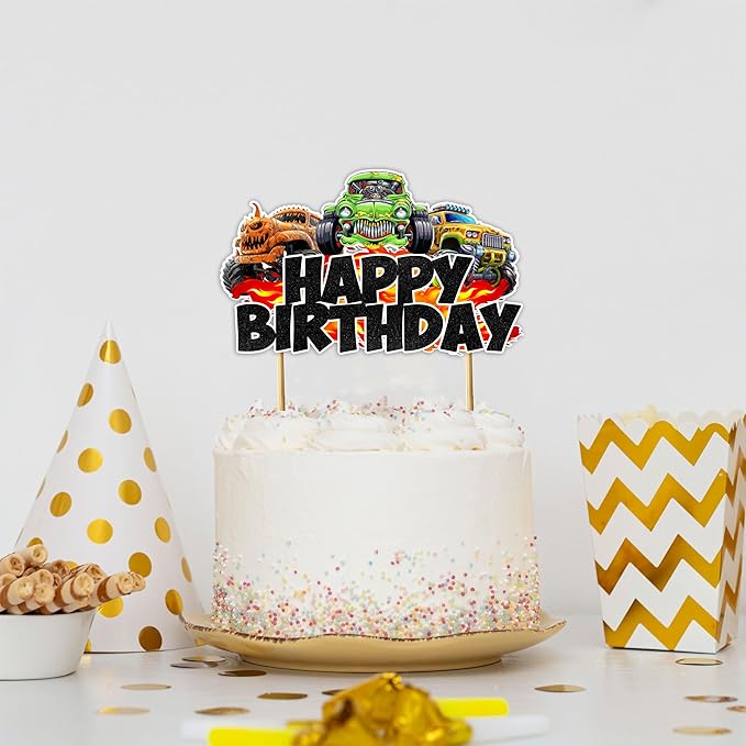 Monster Truk Happy Birthday Cake Topper- with Bold Off Road Truck Design, Colorful Racing Vehicle Theme Cake Decoration for Birthday Party Table Display, Dessert Centerpiece, Photo prop.