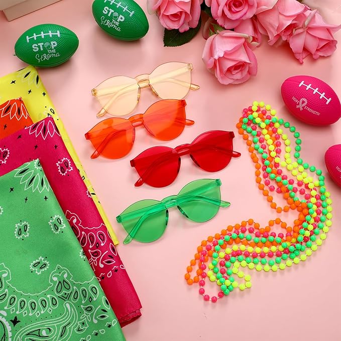 48 Pack Neon Theme Football Game Accessories Kit Homecoming Decorations-12 Bandanas, 12 Sunglasses, 24 Beaded Necklaces Bulk Neon Party Favors for Sports Events School Spirit Game Week Day