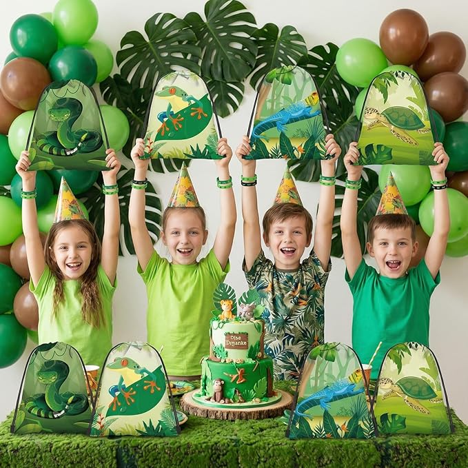 32 Pcs Retile Birthday Party Decorations Retile Party Favors Bags Green Silicone Wristband Crocodile Turtle Drawstring Goodies Bags Frog Lizard Toys for Boys Girls Wild Themed Birthday Supplies