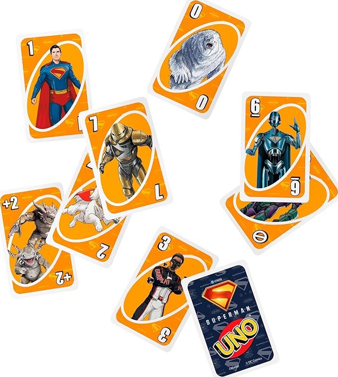 Mattel Games UNO Superman Card Game for Kids, Adults & Family Nights, Parties, Travel & Camping, Toy Collectible Inspired by The Movie
