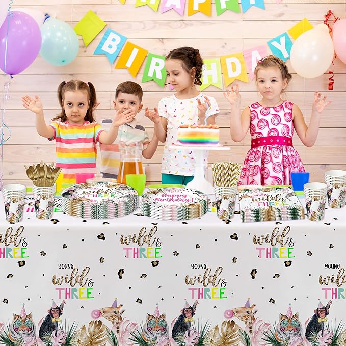 APOWBLS Young Wild And Three Decorations Girl Dinnerware, Safari 3rd Birthday Party Supplies, Plate, Cup, Napkin, Tablecloth, Cutlery, Straw, Animal Jungle 3 Year Old Birthday Decorations | Serves 24