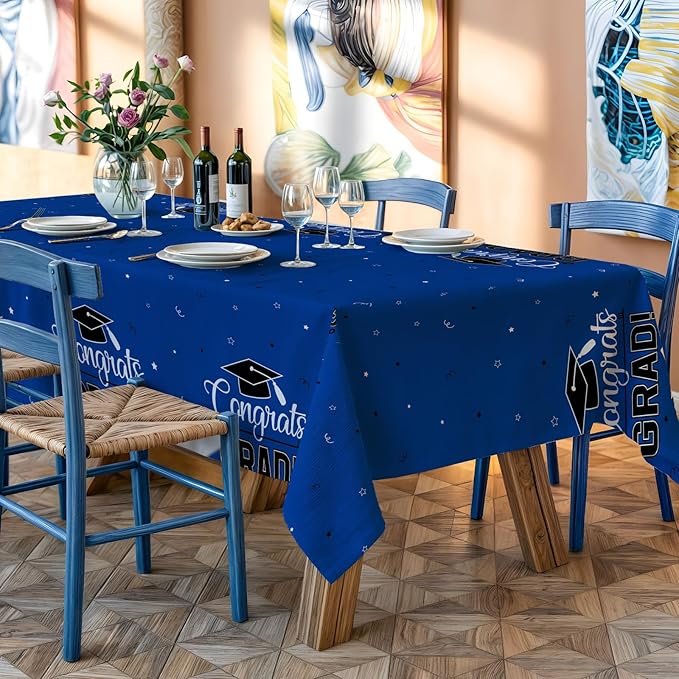 Graduation Tablecloth 2 Pack, 54 x 108 Inch Plastic Tablecloths, Congrats Grad Table Cover, Blue Graduation Party Decorations for Class of 2026, Disposable Rectangle Tablecloth
