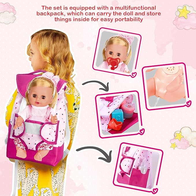 Baby Care Doll Toys Set, 36PCS Dolls Playset, Hair Salon Pretend Play Toddler Doll Toys Incl 14'' Baby Dolls Toy, Backpack, Hair Dryer, Curler, Xmas Gifts for Age 3 4 5 6+ Years Old Girls Kids