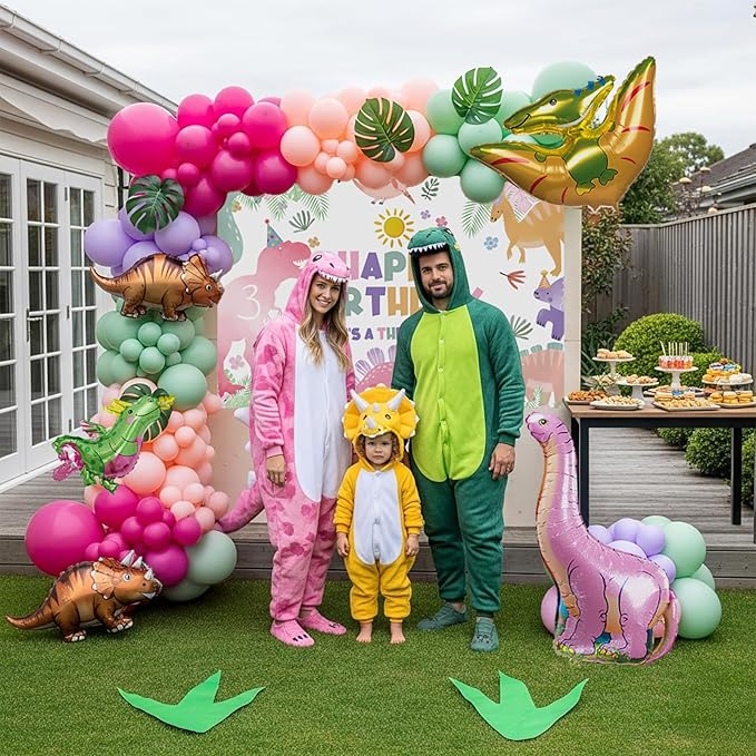 Three-Rex Cute Dinosaur theme birthday party Decorations with Pink Green balloon and dino foil balloon & footprint sticker & ROAR Banner Backdrop & Artificial Palm Leaves for Girls 3rd birthday