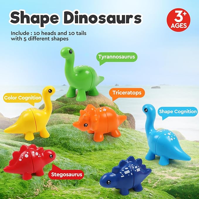 Montessori Matching Dinosaurs Toy, Color and Shapes Recognition, Snap and Pattern Match Game Preschool Learning Toys Homeschooling Class Activity Teaching Tool, Birthday Gift for Kids boys & Girls