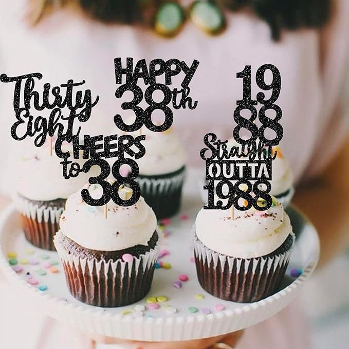 30PCS Black 38th Birthday Cupcake Toppers Glitter Thirty Eight Happy 38th Straight Outta 1988 Cupcake Picks for Cheers to 38 Years Birthday Wedding Anniversary Party Cake Decorations Supplies