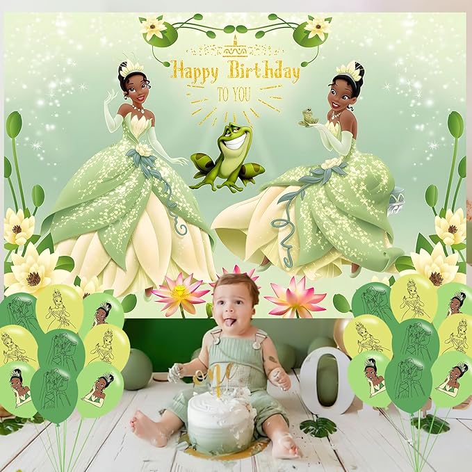 Princess Tiana Birthday Party Decoration,Princess Party Photo Background 5 x 3 FT and 18 Pcs Balloon,Merch Party Backdrop Supplies