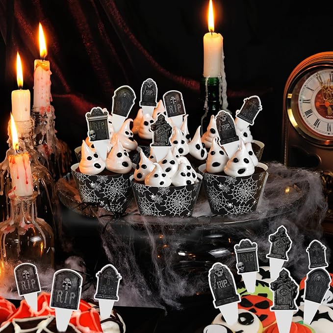 48 Pack Halloween Cupcake Toppers and Black Spider Web Wrappers, Tombstones Skeleton Cupcake Picks Decoration for Halloween Party Birthday Party Supplies