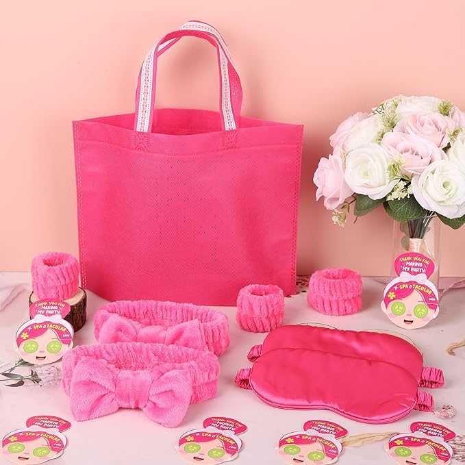 72 Pcs Spa Sleepover Party Supplies for Girls With DIY Stickers And Greeting Card Rose Red Headband Wristbands Eye Mask Hair Scrunchie Tote Bag Sleeping Slumber Party Favors
