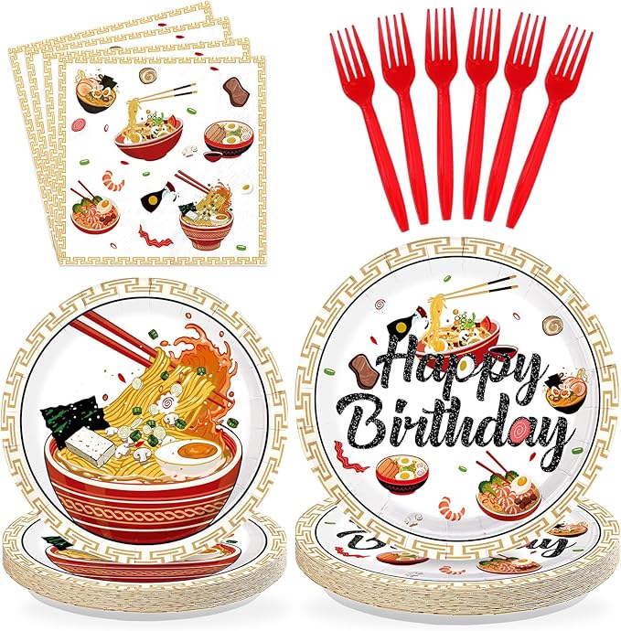 96Pcs Ramen Noodles Birthday Decorations Ramen Party Plates and Napkins Japanese Food Noodle Theme Tableware Set for Boys Girls Men Women Happy Birthday Party Supplies Serves 24