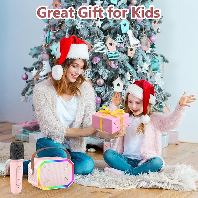 Karaoke Machine for Kids, Portable Bluetooth Speakers with Wireless Microphone Karaoke for Kids and Adults with LED Lights, Gifts for Girls and Boys Birthday Home Party - Pink