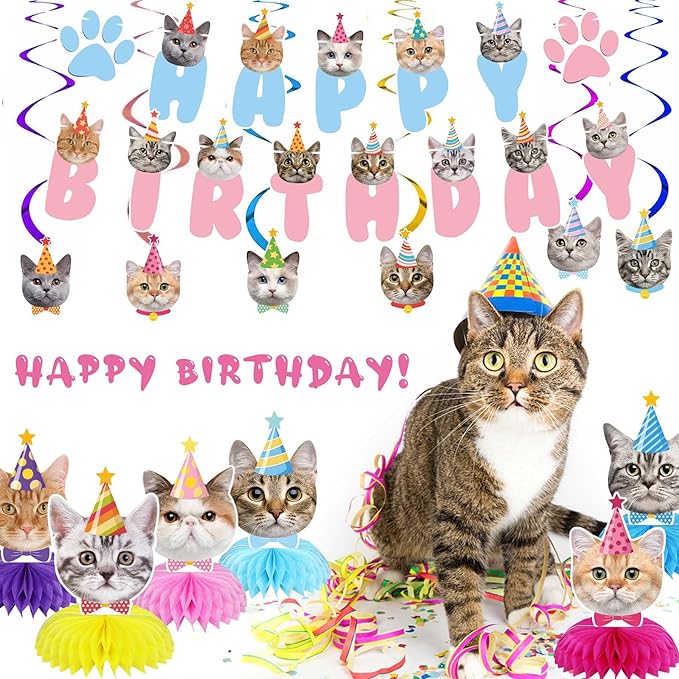 Cat Birthday Party Supplies Cat Birthday Party Decorations, Cat Themed Birthday Party Supplies Includes 1 Birthday Banner, 6 Cat Honeycomb Centerpieces, 6 Hanging Swirls with 6 Cat Cutouts