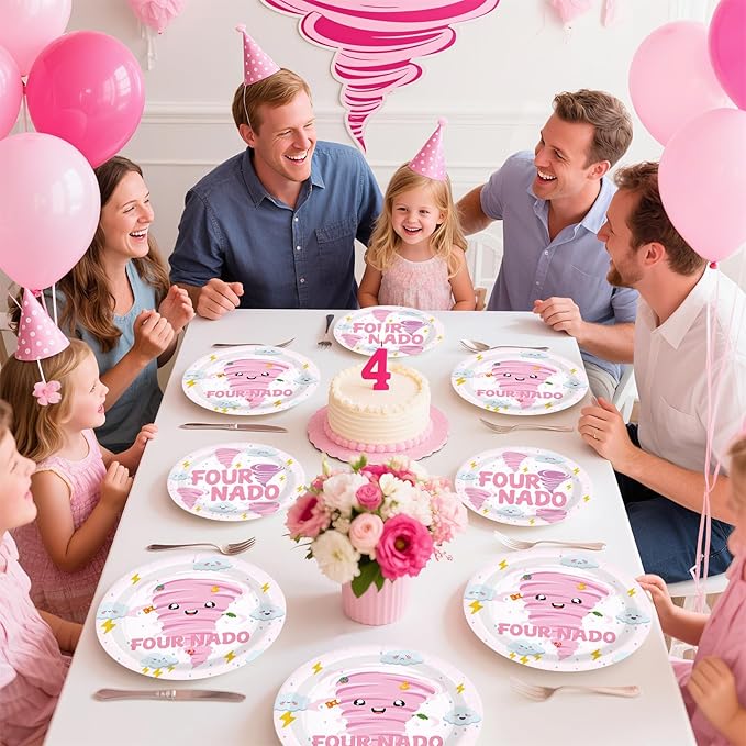 96 Pcs Fournado Birthday Party Decorations for Girl Pink Tornado 4th Birthday Plates and Napkins Tableware Set Four Nado Party Decor for Girls 4 Year Old Tornado Theme Baby Shower Supplies Serves 24